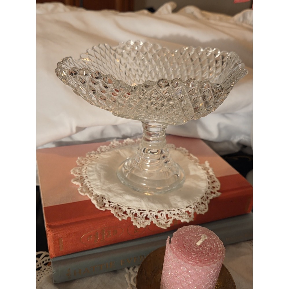 Vintage L.E. Smith Diamond Point Compote w Pedestal BON BON Candy Dish, Glamor